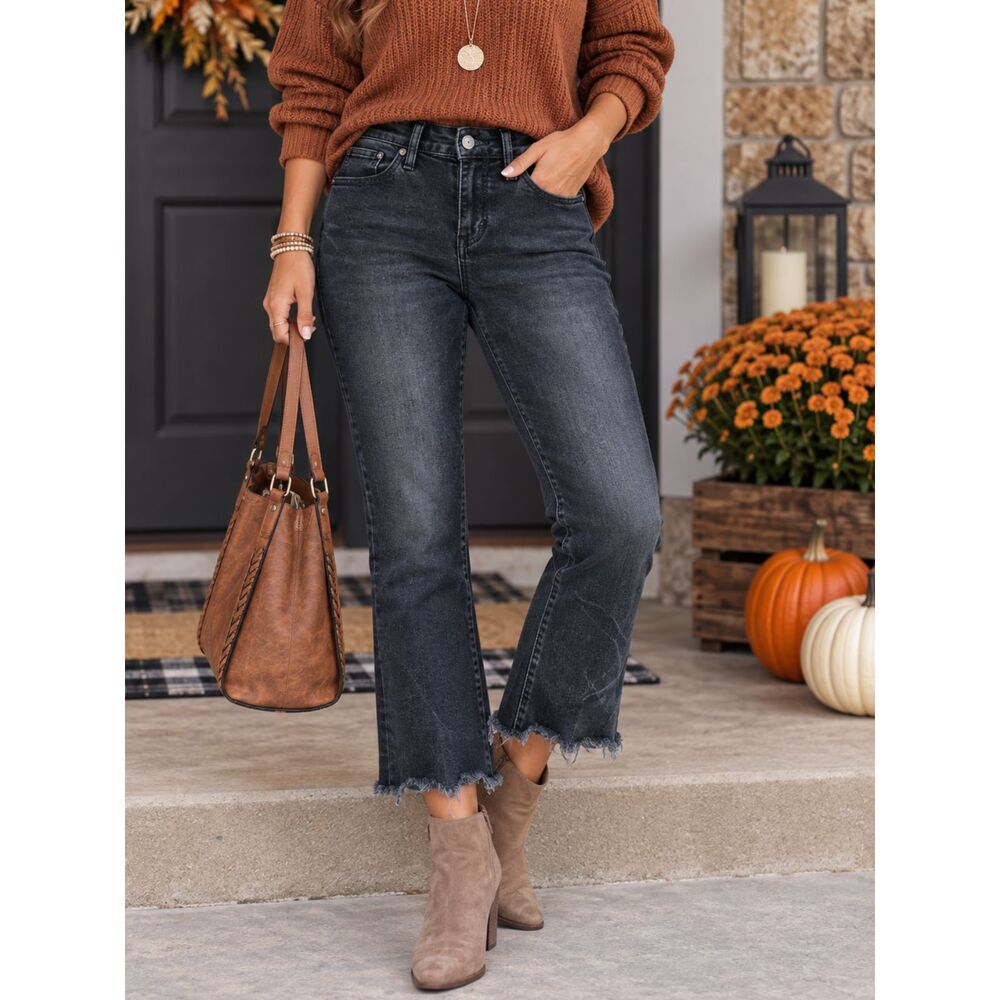 Madewell Demi Boot Jeans Women's 25 Black Raw Hem Mid Rise Stretch Denim
